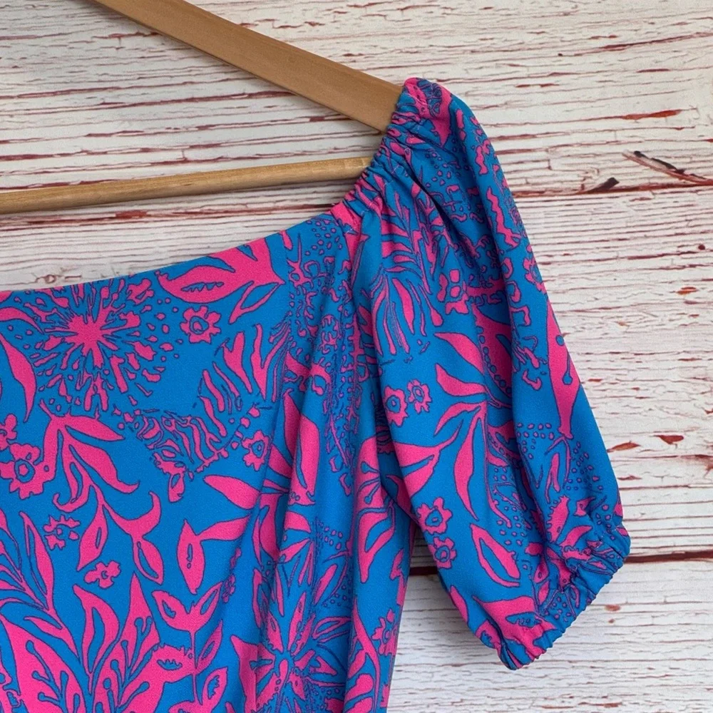 Lilly Pulitzer Jada Off The Shoulder Romper in Aura Pink Leaf An Impression Sz 2 - Picture 8 of 16